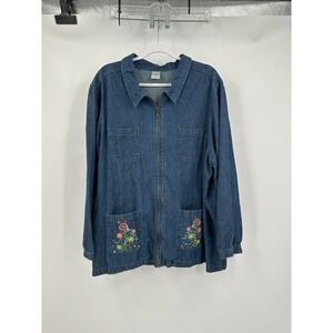 Cottagecore Denim Jacket Women 2X Embroidered Floral Artsy Boho Folklore Grandma